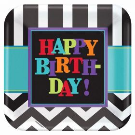 Chevron Happy Birthday Paper Square Plates 23cm, pk8