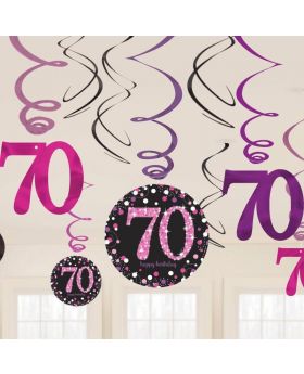 Pink Sparkling Celebration 70th Birthday Swirl Decorations, pk12