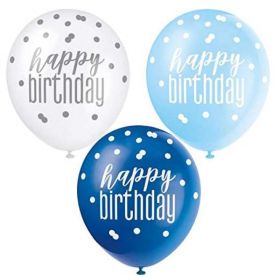 Glitz Blue Happy Birthday Latex Balloons 12", pk6
