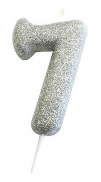 number 7 glitter numeral silver moulded candle